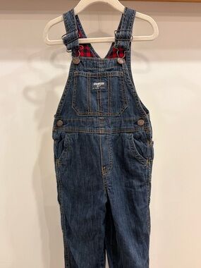 OshKosh B'gosh Dark Blue Denim Overalls with flannel Red Plaid Lining — 3T